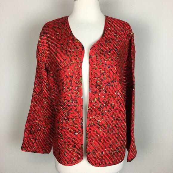 Chico's Vintage Red Woven Silk Open Front Vintage  Jacket 2 - Picture 1 of 7